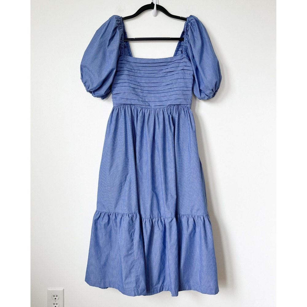 Abercrombie & Fitch Emerson Puff Sleeve Midi Dress Blue Pintstripe Womens Small - Picture 2 of 13